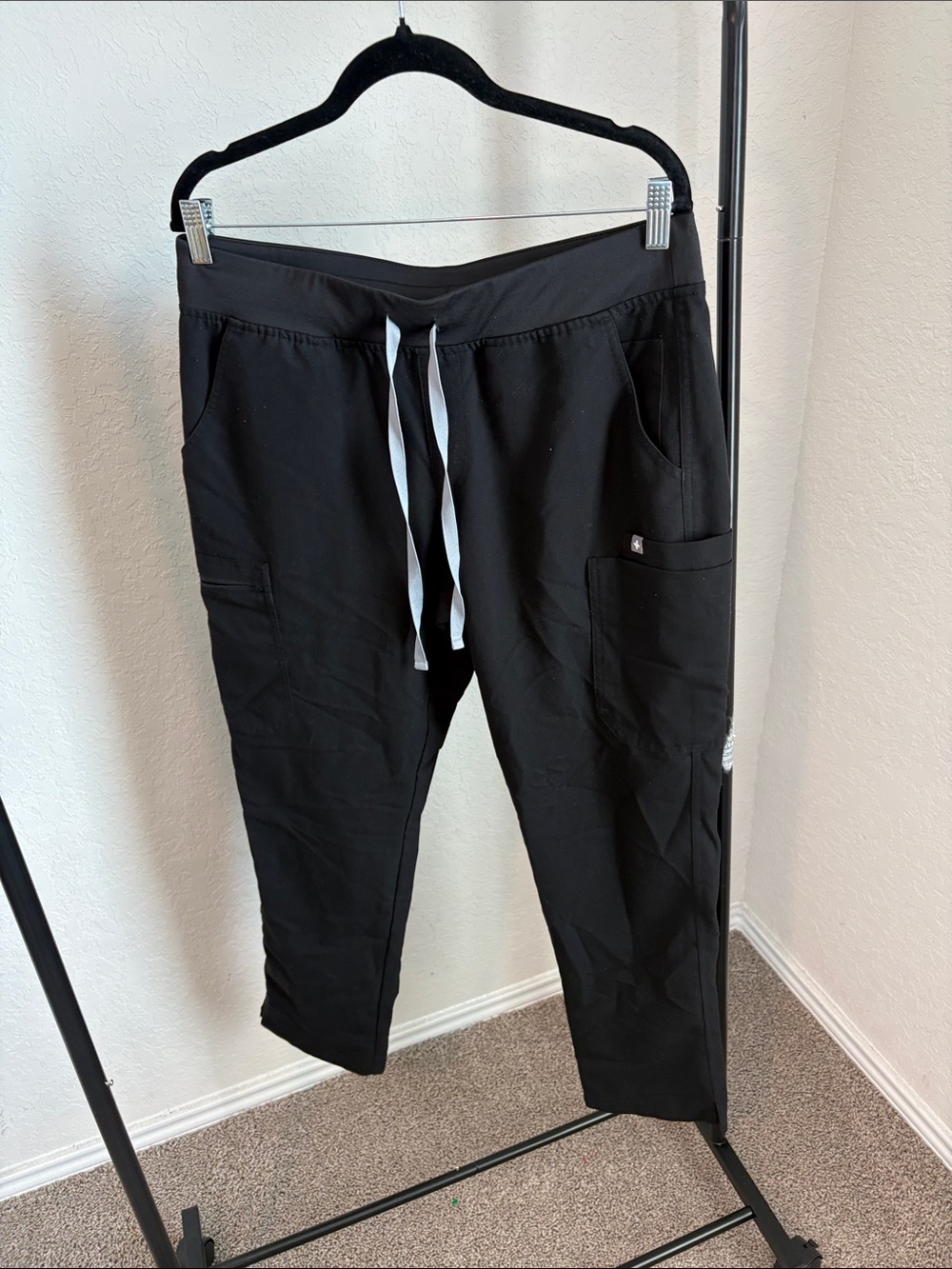 Figs Black Jogger Scrub Pants with White Drawstring